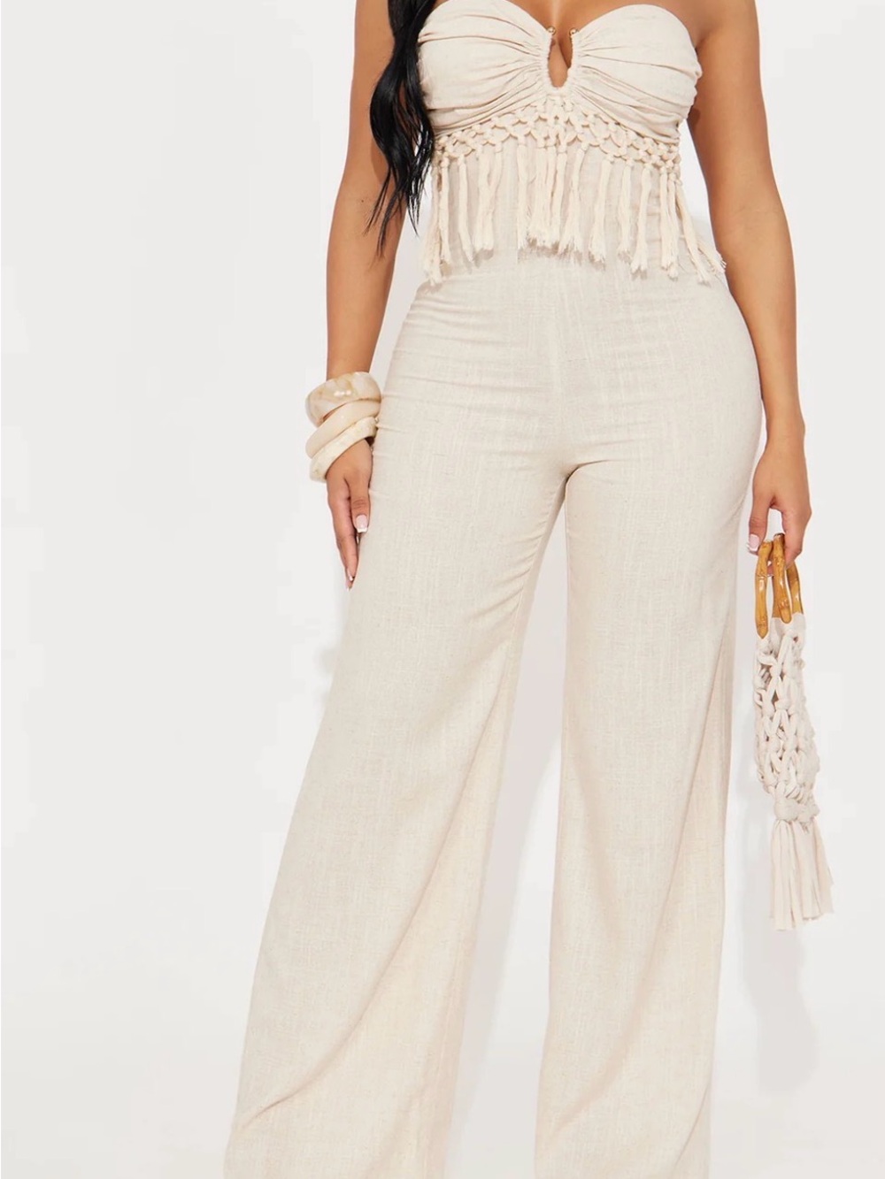 Fashion Nova Cream Fringe Bandeau Wide-Leg Jumpsuit
